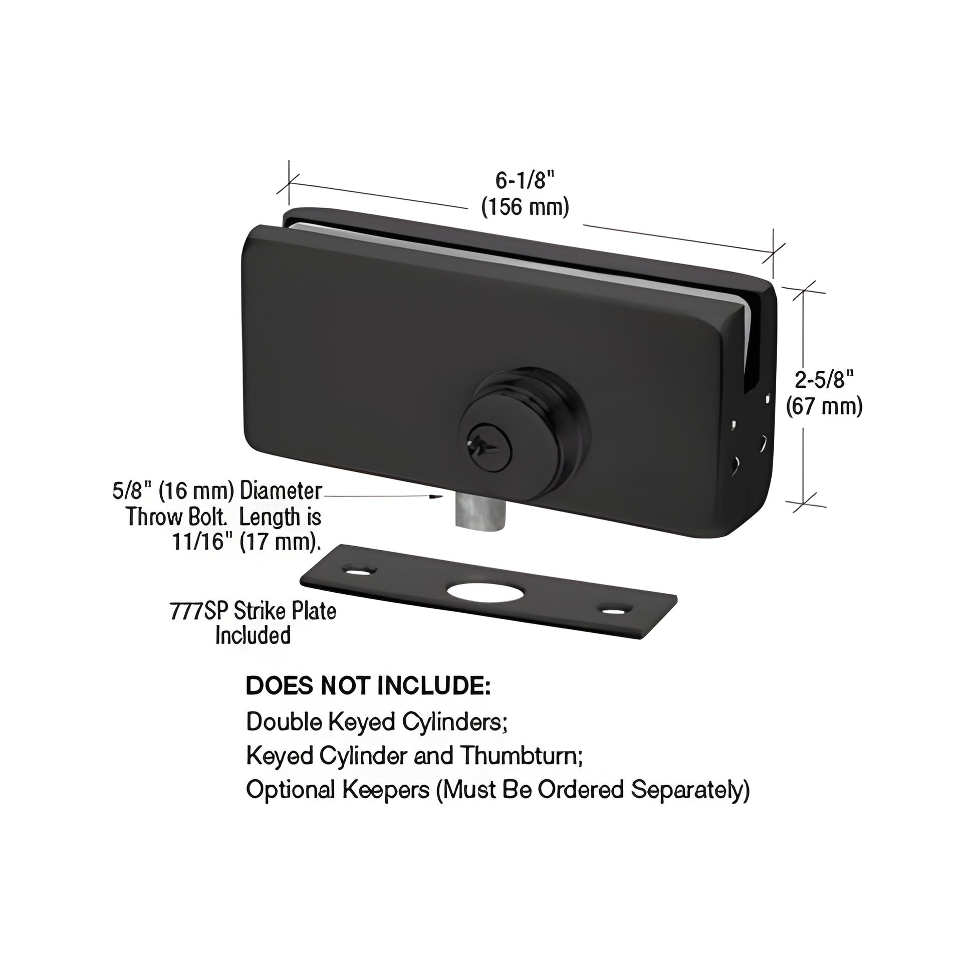 AMR215MBL matte black American-style patch lock for frameless glass doors, 6-1/8" 2-9/16", strike plate included.