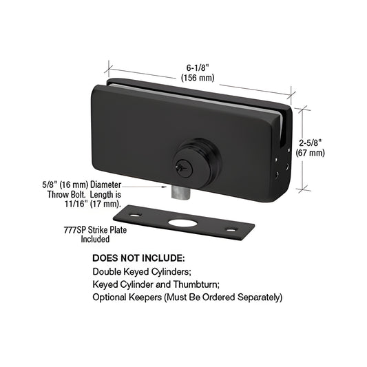 AMR215MBL matte black American-style patch lock for frameless glass doors, 6-1/8" 2-9/16", strike plate included.