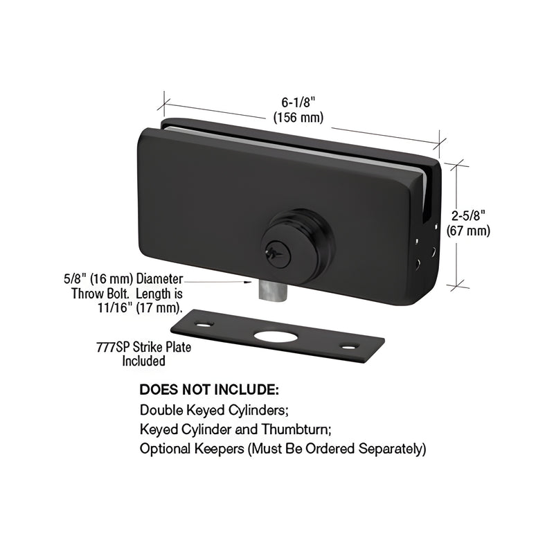 AMR215MBL matte black American-style patch lock for frameless glass doors, 6-1/8" 2-9/16", strike plate included.