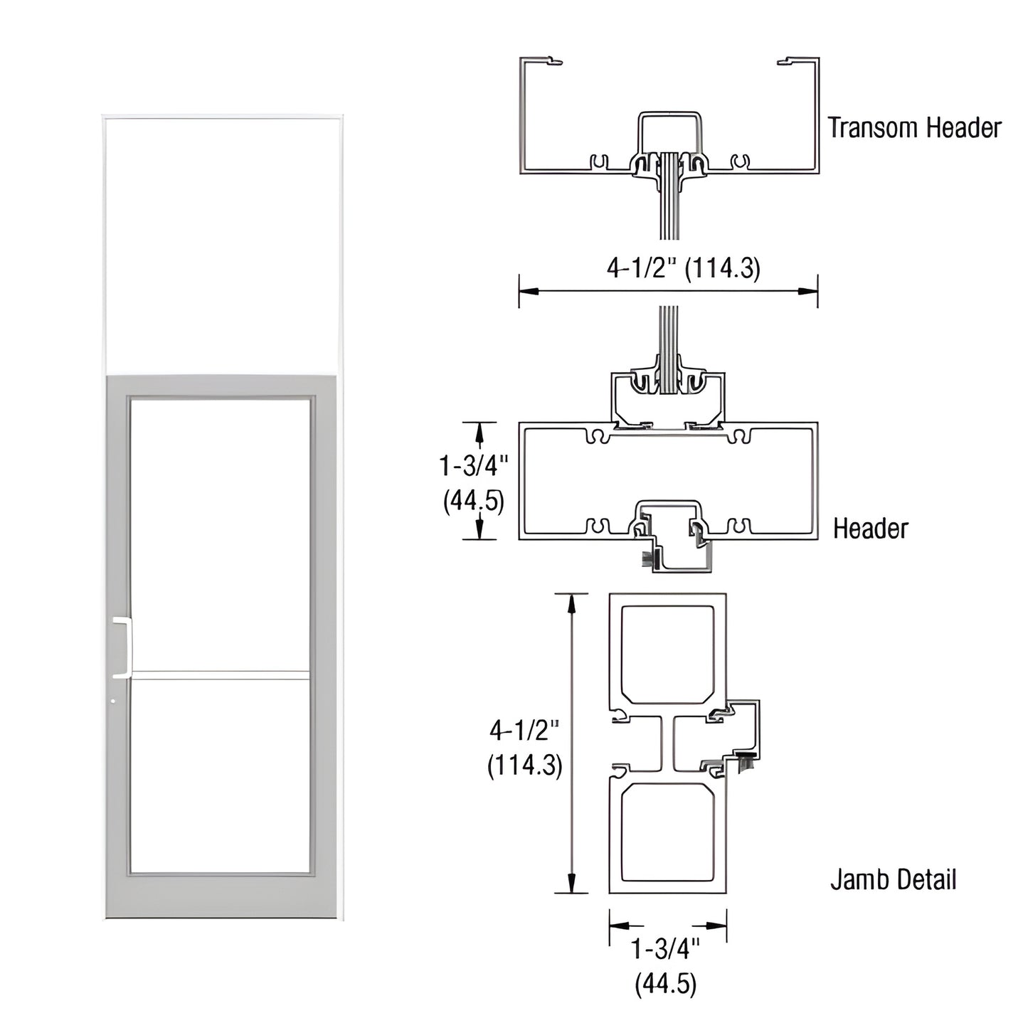FD31552 white Kynar aluminum transom frame with 36x84 door opening and aluminum threshold, shown with technical drawings
