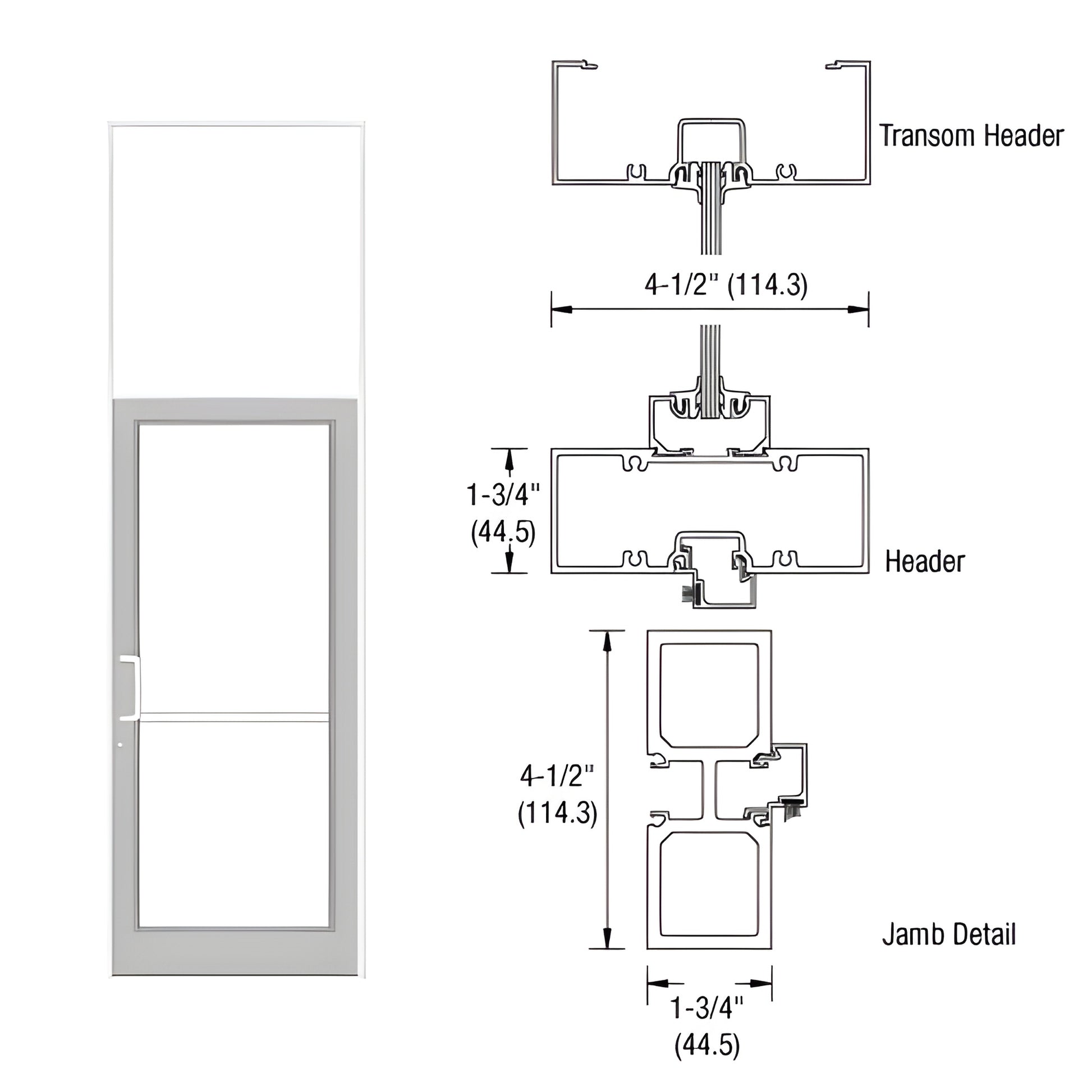 FD31552 white Kynar aluminum transom frame with 36x84 door opening and aluminum threshold, shown with technical drawings