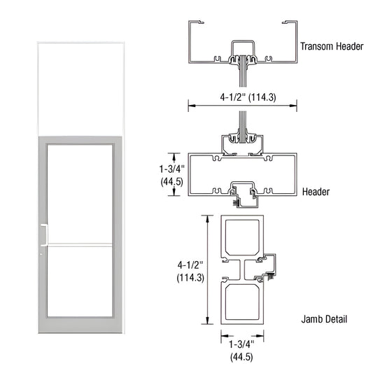 FD31552 white Kynar aluminum transom frame with 36x84 door opening and aluminum threshold, shown with technical drawings