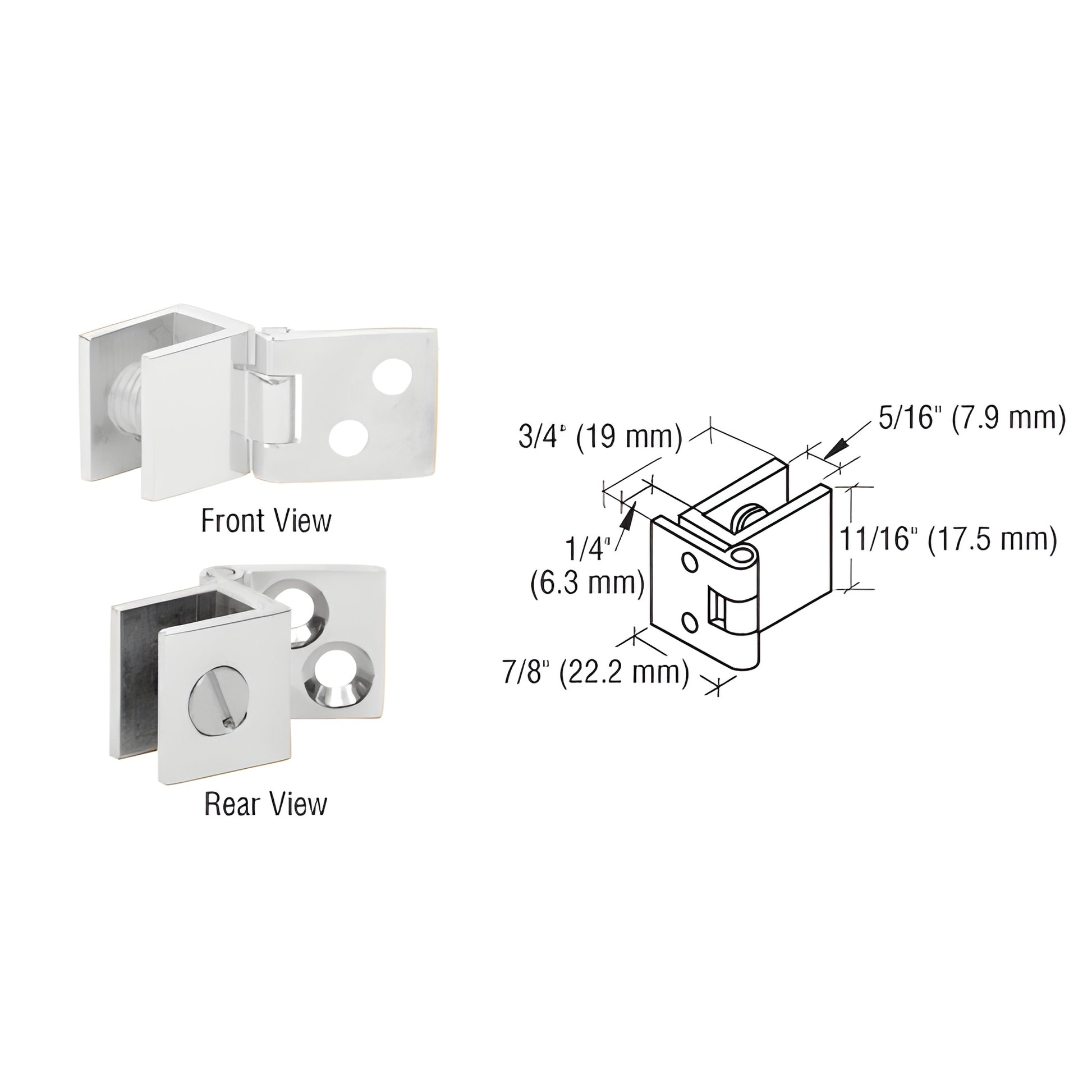 CRL EH176 polished chrome small wall-mount set-screw hinge for 5-6mm glass doors, front/rear views and dimensions.