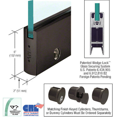CRL Black Bronze 1/2" Glass 6" Square Door Rail With Lock - Custom Length