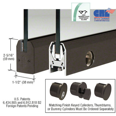 CRL Black Bronze Anodized 3/8" Glass Low Profile Tapered Door Rail With Lock - Custom Length