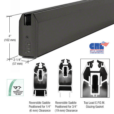 CRL Black Powder Coat 4" Custom Length Tapered Sidelite Rail for 3/4" Glass