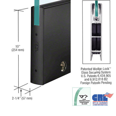 CRL Black Powder Coated 3/4" Glass 10" Square Door Rail With Lock - Custom Length
