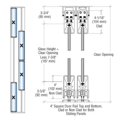CRL Brushed Stainless XXXX Format Sliding Door Entrance System - 4" Top and Bottom Square Rail