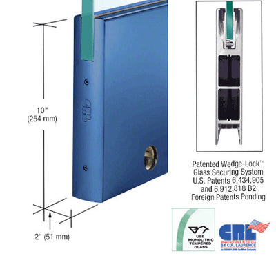 CRL Custom Color 1/2" Glass 10" Square Door Rail With Lock - Custom Length
