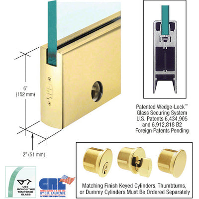 CRL Polished Brass 1/2" Glass 6" Square Door Rail With Lock - Custom Length