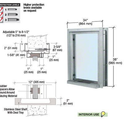 CRL Satin Anodized 34" Wide x 38" High Bullet Resistant Interior Window With Surround Sound and 12" Shelf With Deal Tray