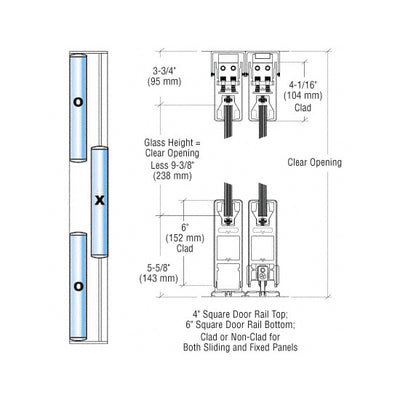 CRL Satin Anodized OXO Format Sliding Door Entrance System - 4" Square Top 6" Square Bottom Rail