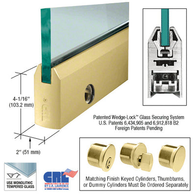 CRL Satin Brass 3/8" Glass 4" Tapered Door Rail With Lock - Custom Length