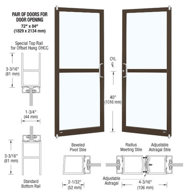 CRL-U.S. Aluminum Bronze Black Anodized Custom Pair Series 250 Narrow Stile Offset Pivot Entrance Doors for Panics for Overhead Concealed Door Closers