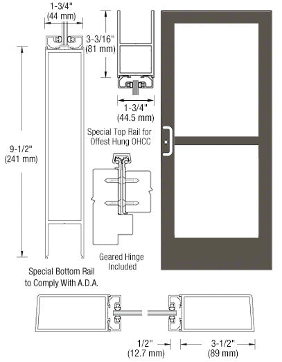 CRL-U.S. Aluminum Bronze Black Anodized Single 36" x 84" Series 400 Medium Stile Left Side Latch Geared Hinge Entrance Door With Panic for 105 Degree Overhead Concealed Door Closer