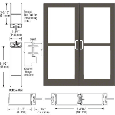 CRL-U.S. Aluminum Class I Bronze Black Anodized Custom Pair Series 400 Medium Stile Offset Hung Geared Hinge Entrance Doors For Panics and Overhead Concealed Door Closers