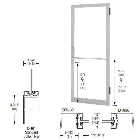 CRL-U.S. Aluminum Clear Anodized 250 Series Narrow Stile (RHR) HRSO Single 3'0 x 7'0 Offset Hung with Butt Hinges for Surf Mount Closer Complete Door Std. MS Lock & Bottom Rail