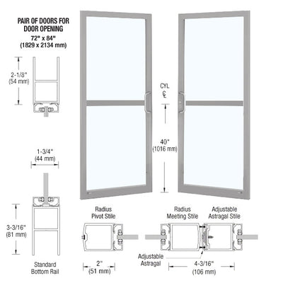 CRL-U.S. Aluminum Clear Anodized Custom Pair Series 250 Narrow Stile Center Pivot Entrance Doors for Panics and Overhead Concealed Door Closers