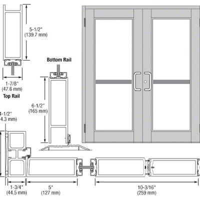 CRL-U.S. Aluminum Clear Anodized Custom Pair Series 850 Durafront Wide Stile Butt Hinge Entrance Doors for Panics and Surface Mount Door Closers