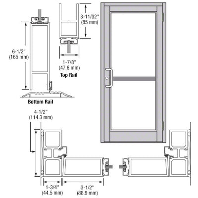 CRL-U.S. Aluminum Clear Anodized Custom Single Series 800 Durafront Medium Stile Butt Hinge Entrance Door for Panic and Surface Mount Door Closer