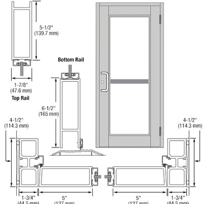 CRL-U.S. Aluminum Clear Anodized Custom Single Series 850 Durafront Wide Stile Butt Hinged Entrance Door For Panic and Surface Mount Door Closer