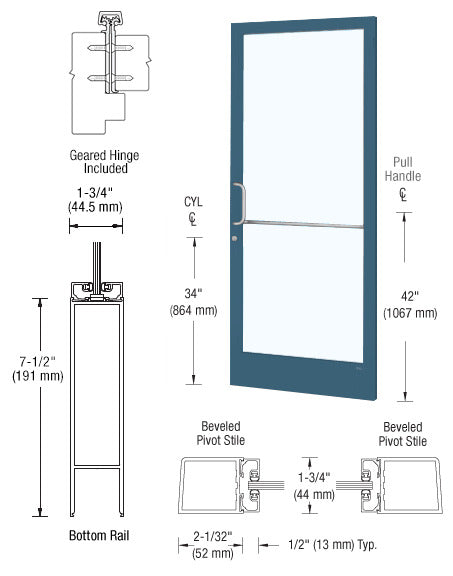 CRL-U.S. Aluminum Custom KYNAR® Paint Custom Single Series 250 Narrow Stile Geared Hinge Entrance Door for Surface Mount Door Closer