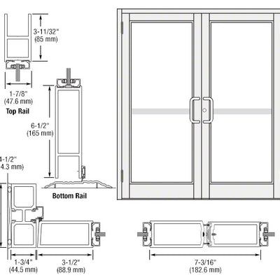 CRL-U.S. Aluminum White KYNAR® Paint Custom Pair Series 800 Durafront Medium Stile Butt Hinge Entrance Doors For Panics and Surface Mount Door Closers