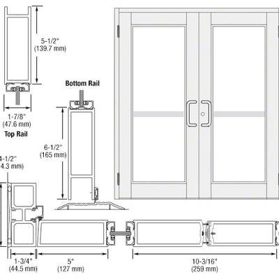 CRL-U.S. Aluminum White KYNAR® Paint Custom Pair Series 850 Durafront Wide Stile Butt Hinge Entrance Doors for Panics and Surface Mount Door Closers
