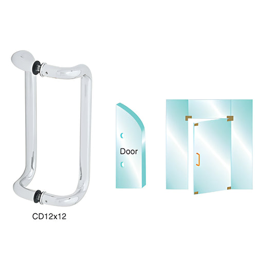CD12X12PS polished stainless steel glass-mounted pull handle, 1" dia, 12" c-c, fits 3/8-3/4" tempered glass
