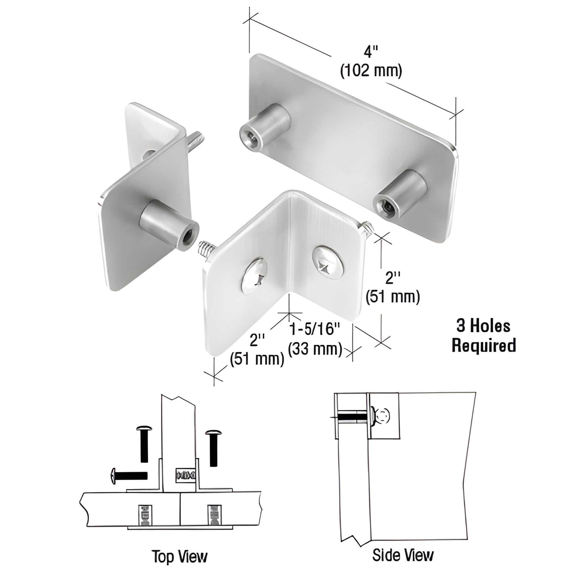PB008BS brushed stainless T-clamp for 1-1/4" (32 mm) bullet resistant glazing, 3 screw top/mid mount