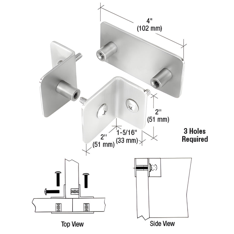 PB008BS brushed stainless T-clamp for 1-1/4" (32 mm) bullet resistant glazing, 3 screw top/mid mount