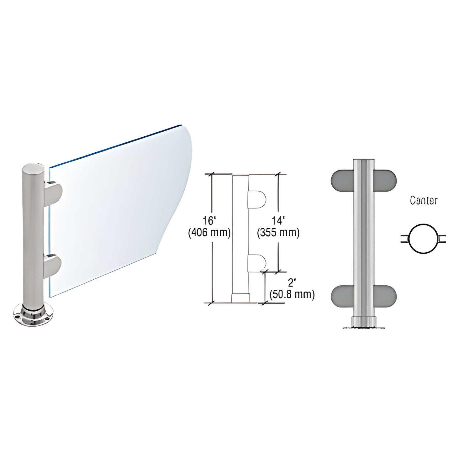 PP06CBS: 16in brushed stainless steel round center post with flat cap, adhesive round flange and 1/4in glass Z-clamps.