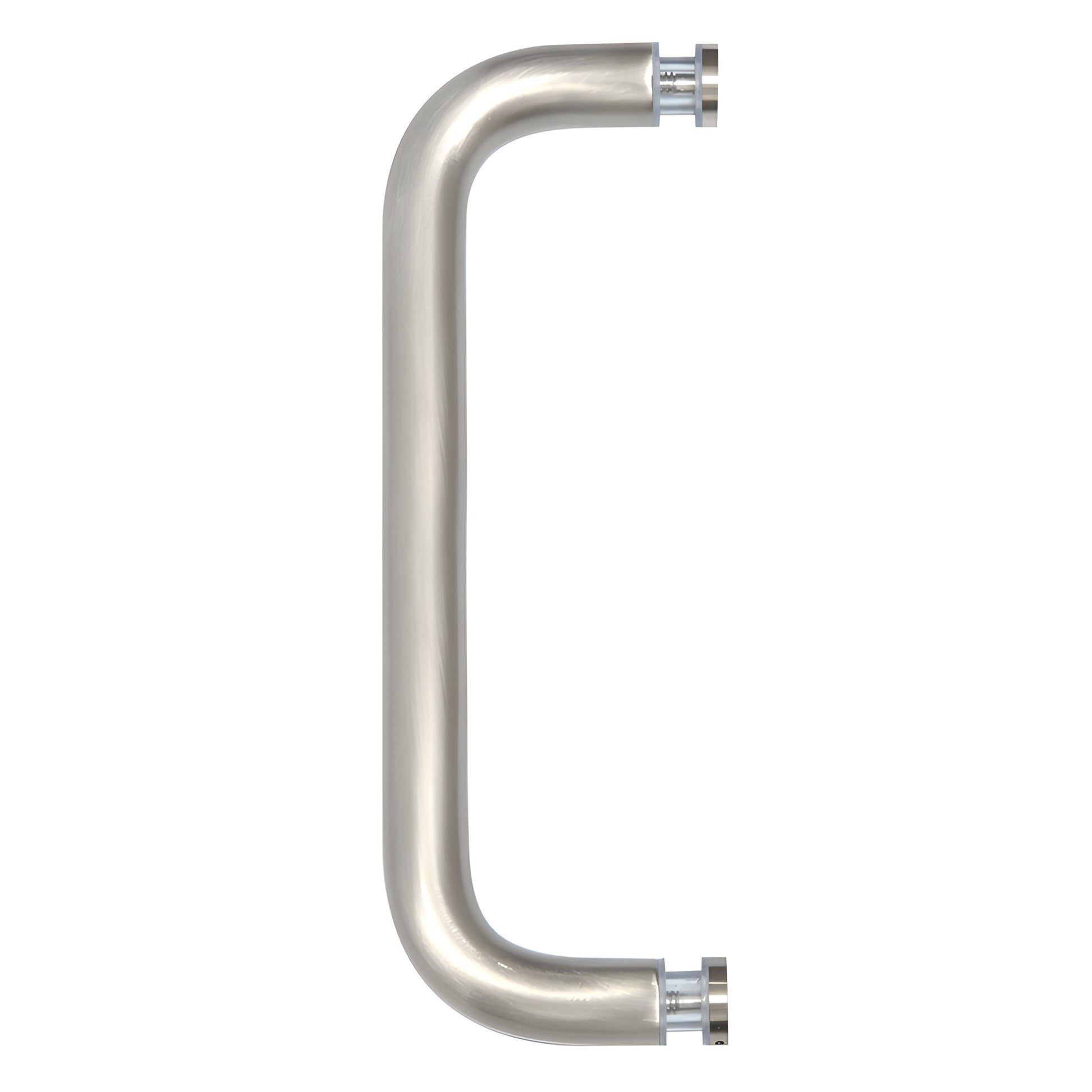Brushed nickel solid brass U-shaped single-sided glass pull, 3/4" dia, fits 1/4-1/2" glass, 8" C C (SKU BPS8BN)