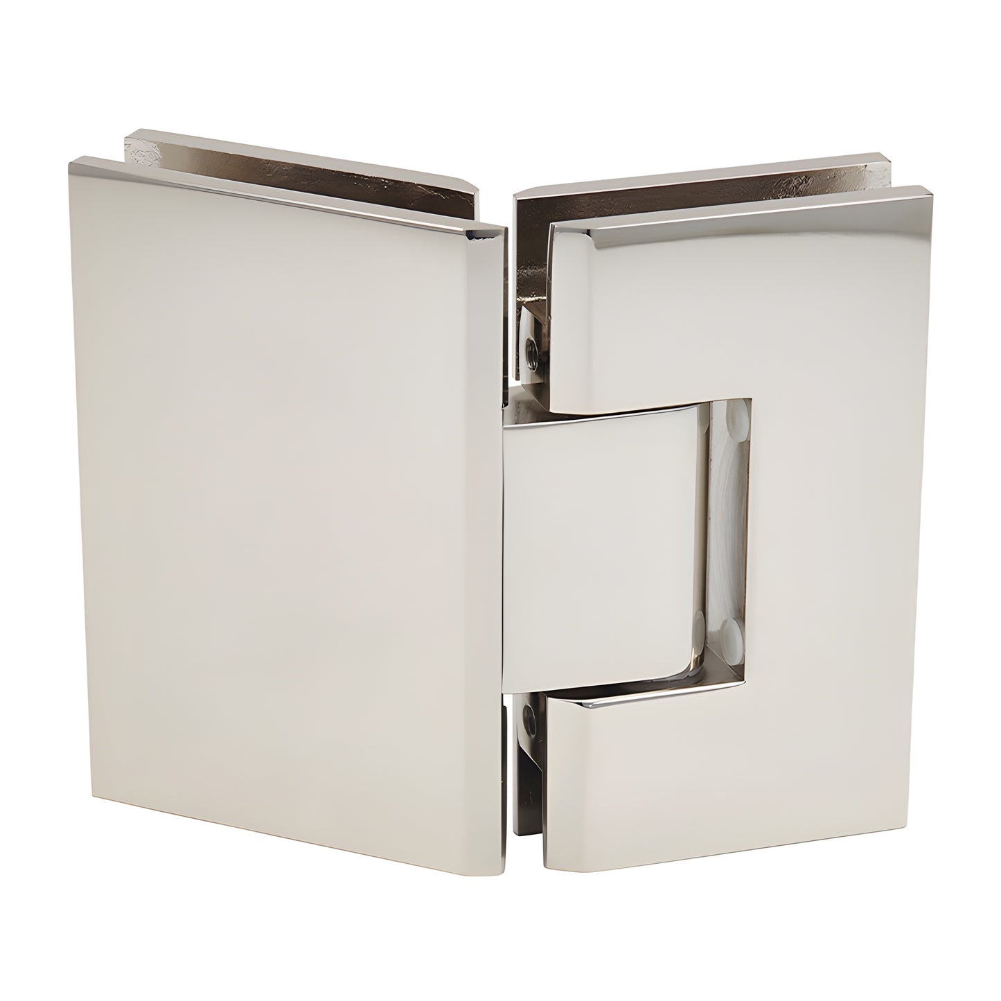 Polished nickel square glass-to-glass shower hinge, 135 brass pivot for 3/8-1/2" frameless glass (SKU V1E045PN)