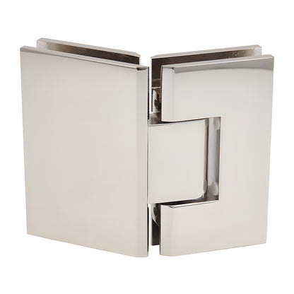 Polished nickel square glass-to-glass shower hinge, 135 brass pivot for 3/8-1/2" frameless glass (SKU V1E045PN)