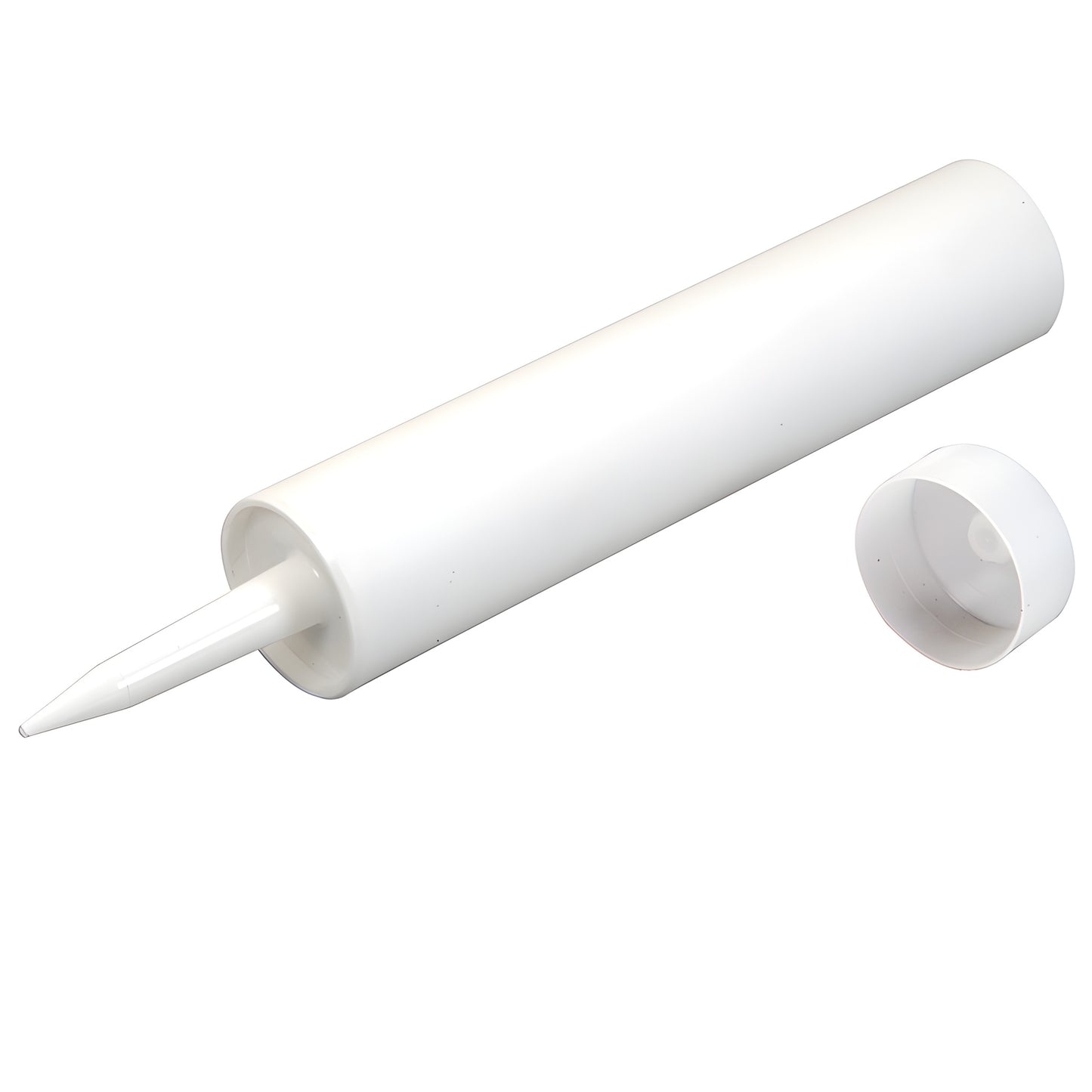 White 310 ml HDPE caulking cartridge with tapered nozzle and cap, 2 in dia x 8.5 in long (SKU 103FL)