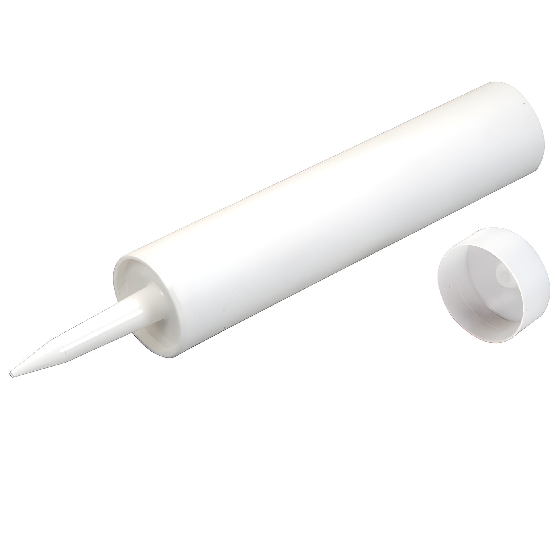 White 310 ml HDPE caulking cartridge with tapered nozzle and cap, 2 in dia x 8.5 in long (SKU 103FL)