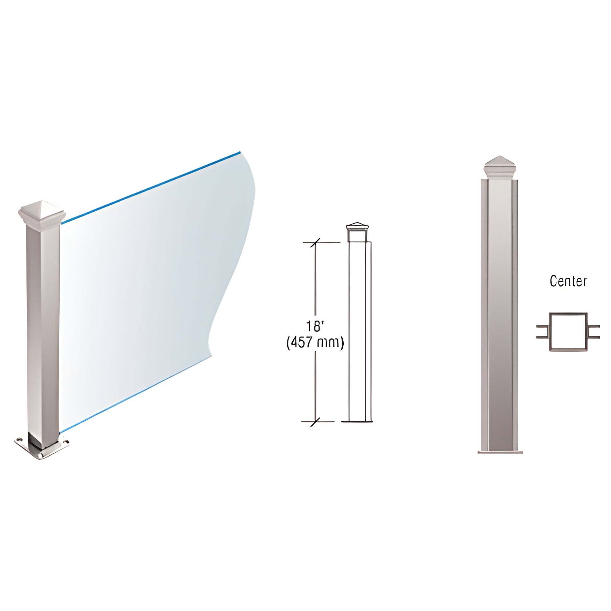 18in stainless steel Plaza square glass divider post with pyramid cap and welded base, SKU PP44CPS