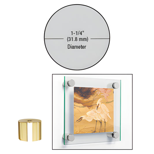 Polished brass 1-1/4" diameter standoff cap for glass panels, 1" length (SKU S0B1141BR)