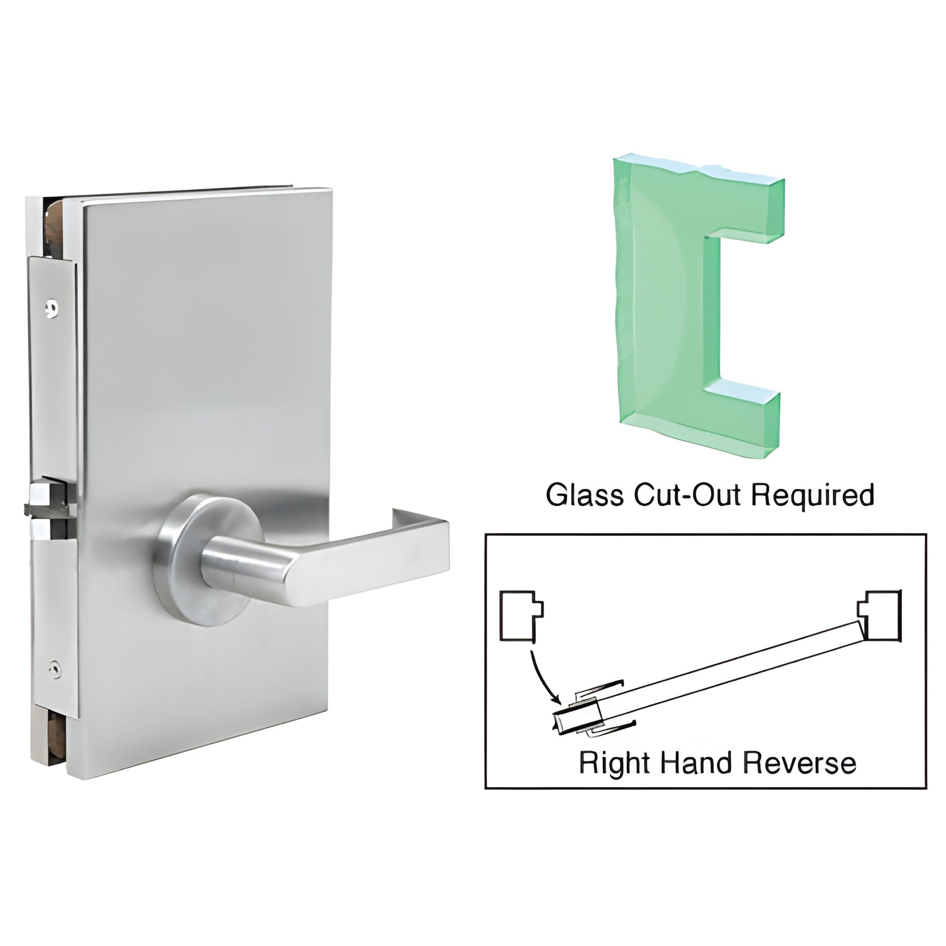 Satin anodized 6x10 center deadlatch for 1/2" tempered glass (DL611RPSC), lever handle, right-hand reverse, cut-out diagram.