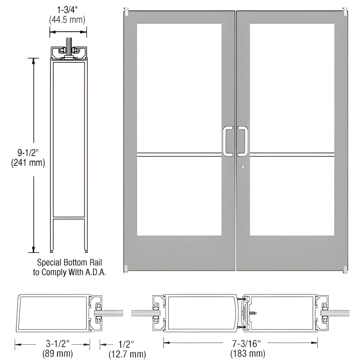 DE42211 clear-anodized medium-stile double entrance door, 89mm stiles, ADA 241mm bottom rail, glass-ready (6mm).