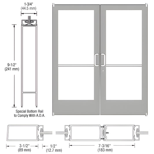 DE42211 clear-anodized medium-stile double entrance door, 89mm stiles, ADA 241mm bottom rail, glass-ready (6mm).