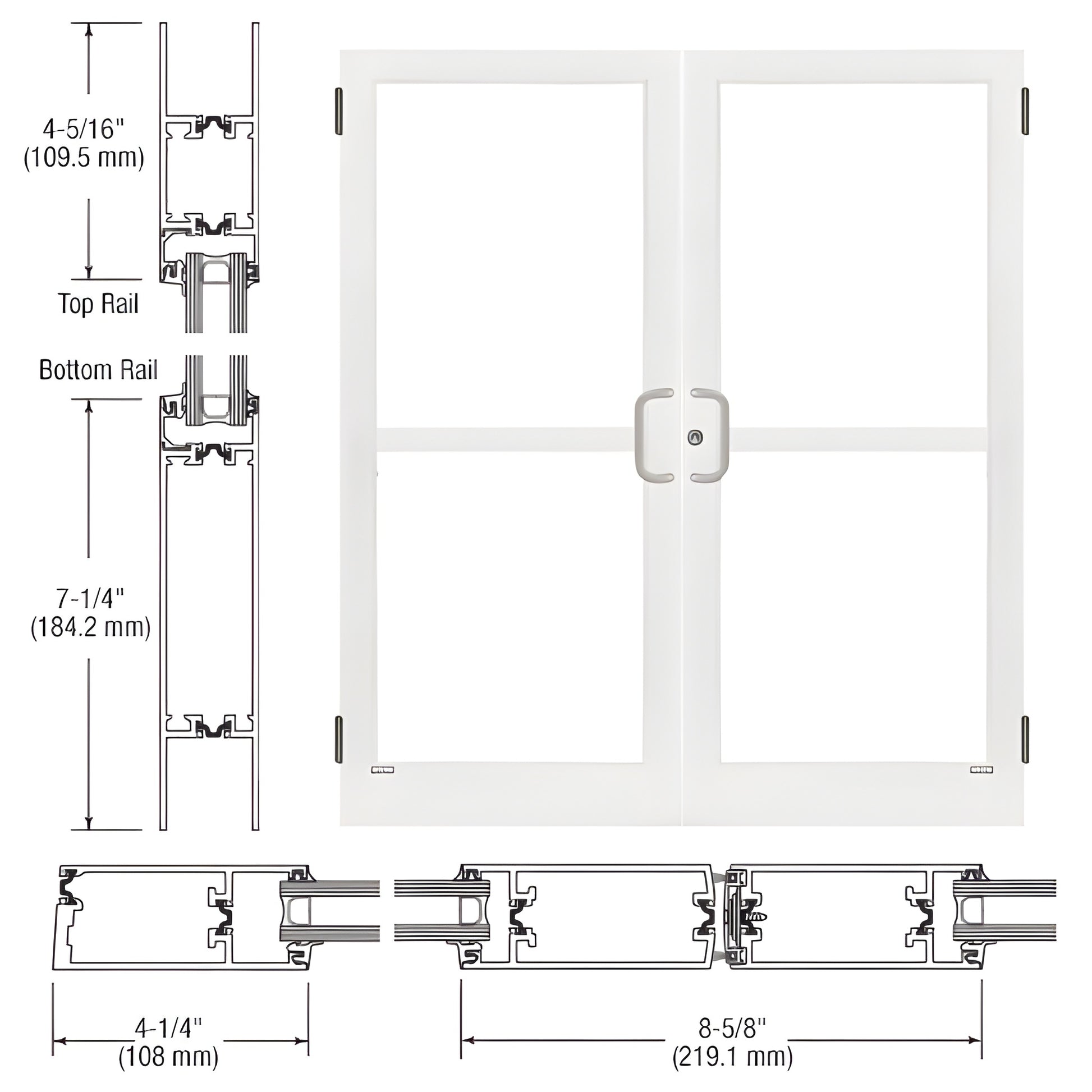 CRL white Kynar double medium-stile entrance door with glass, concealed panic hardware - SKU 1Z42552