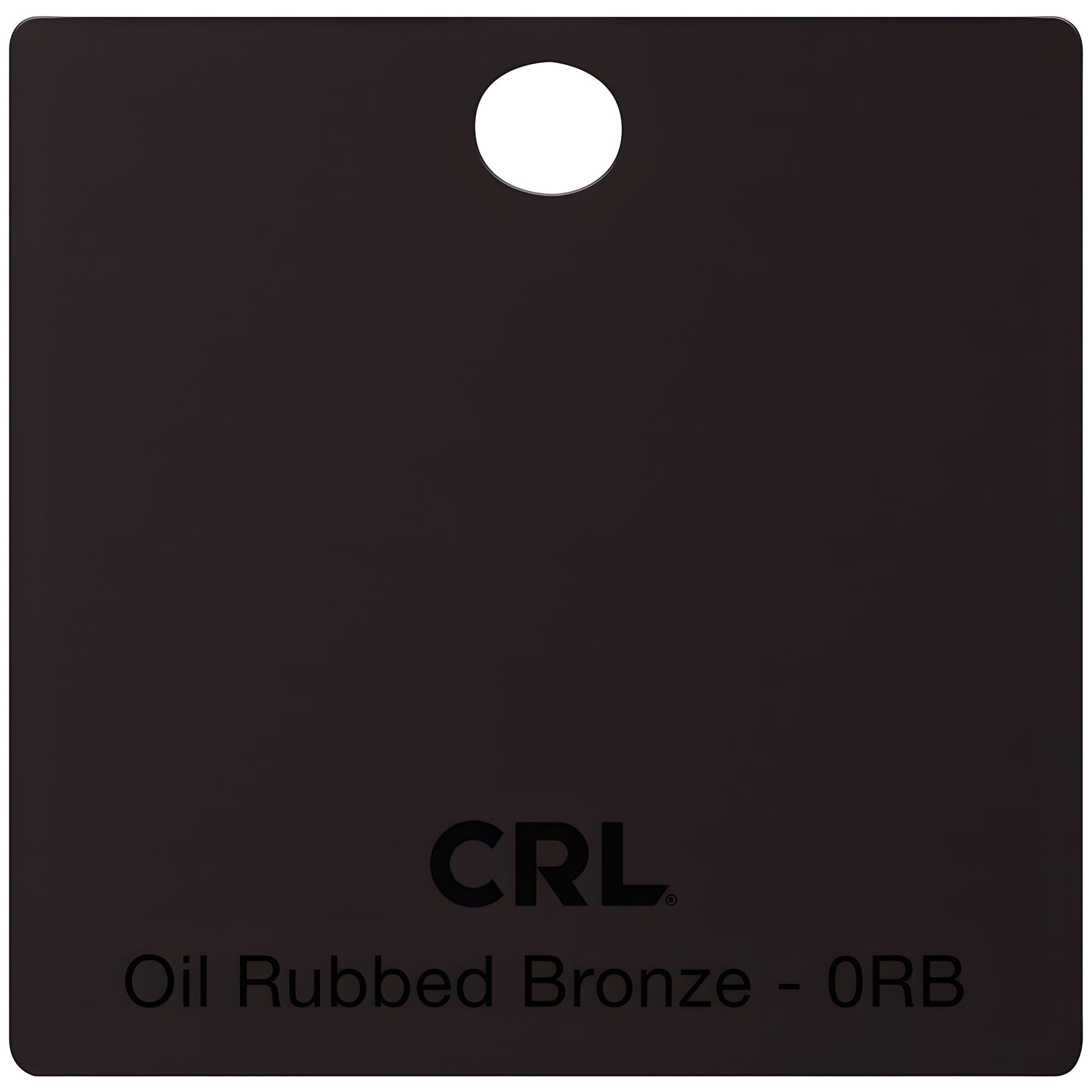 Square oil-rubbed bronze hinge finish sample chip (CRL) for shower door hardware, hanging hole.