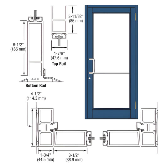 Blue commercial Durafront MS entrance door (SKU DC81571) with push/pull hardware, 61 2" bottom rail and dimensional cross-secti