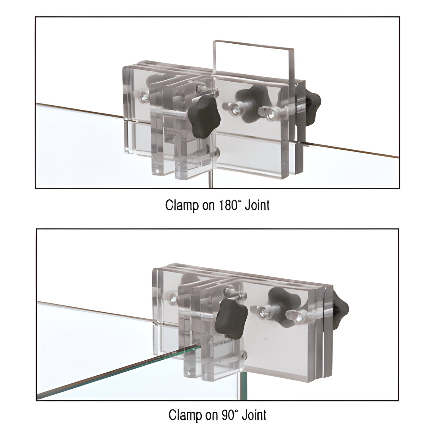 Clear CRL Frameless Assist panel clamp (SKU FA3W) on 180 and 90 tempered glass joints.