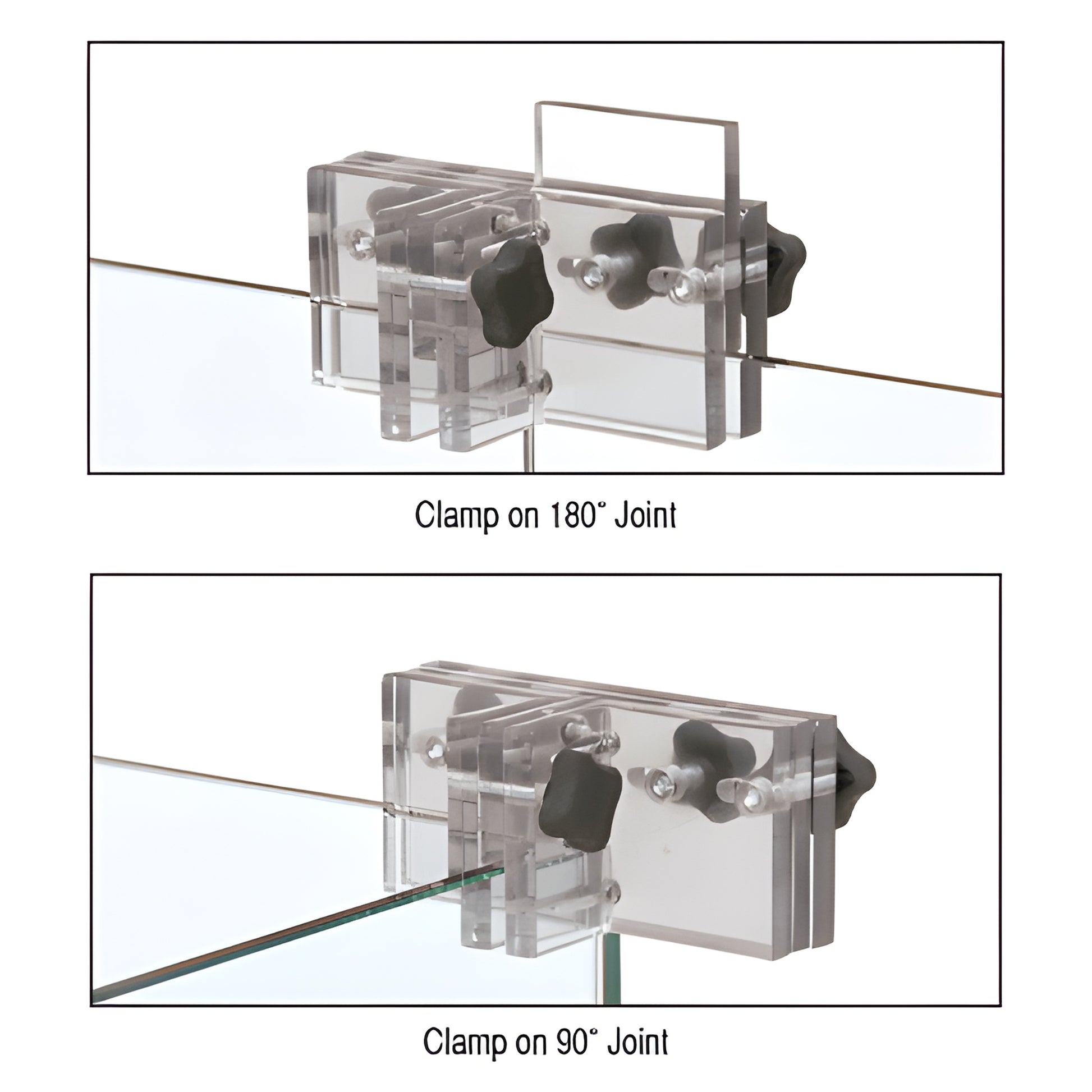 Clear CRL Frameless Assist panel clamp (SKU FA3W) on 180 and 90 tempered glass joints.