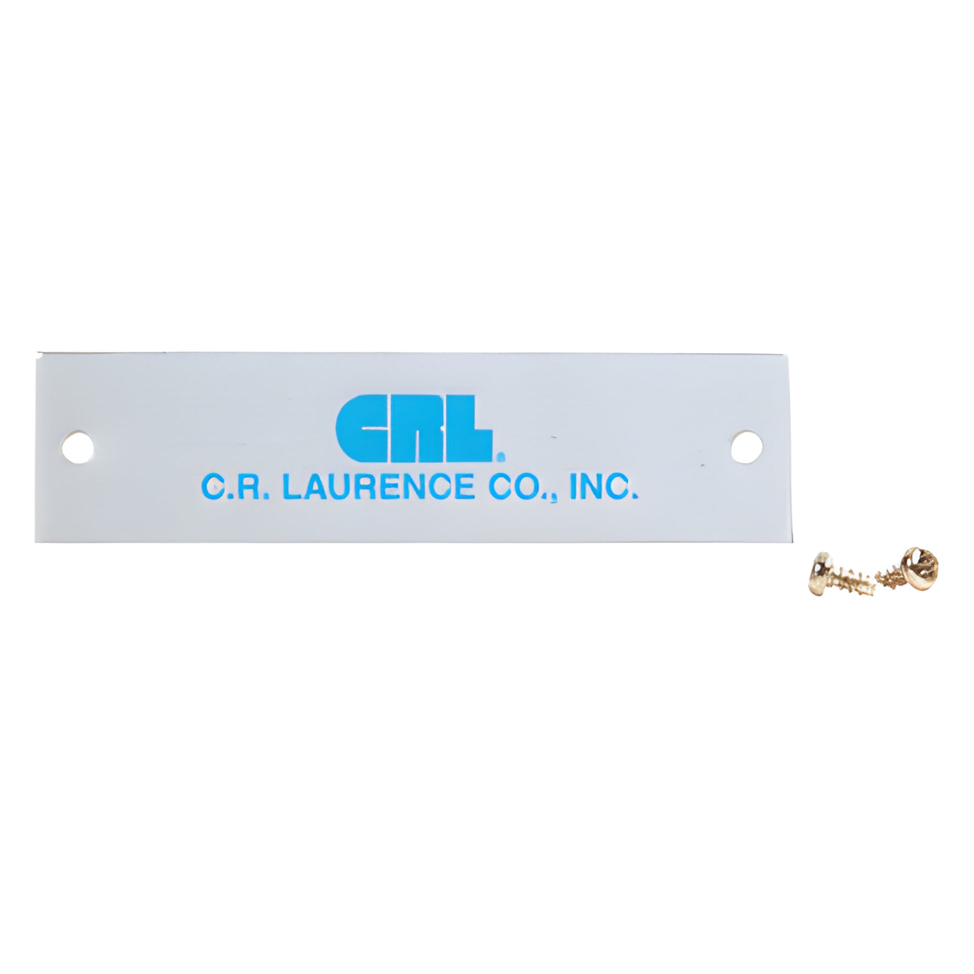 CRL8010SCP polished stainless side-load arm cover plate with CRL logo, rectangular plate with two mounting holes and screws