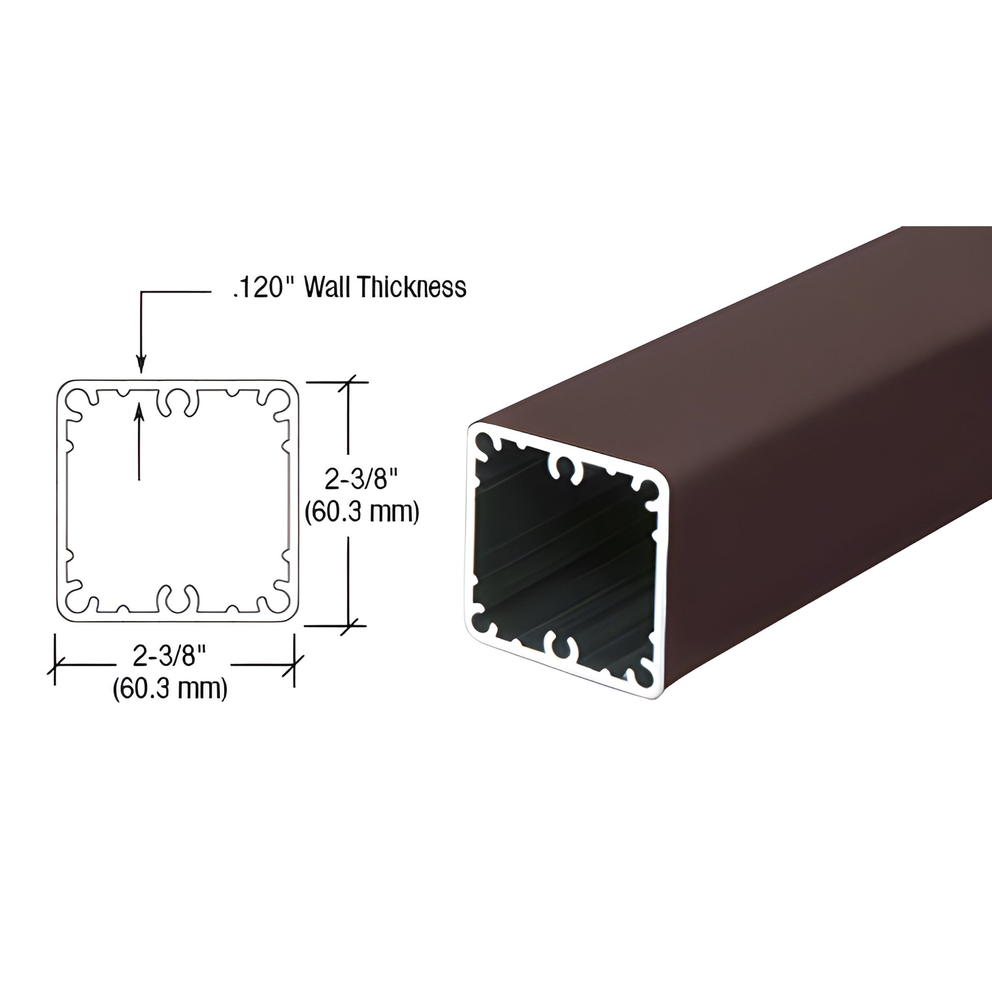 Matte bronze 2-3/8 in aluminum square fascia post (60.3 mm), hollow profile. SKU FP36BRZ