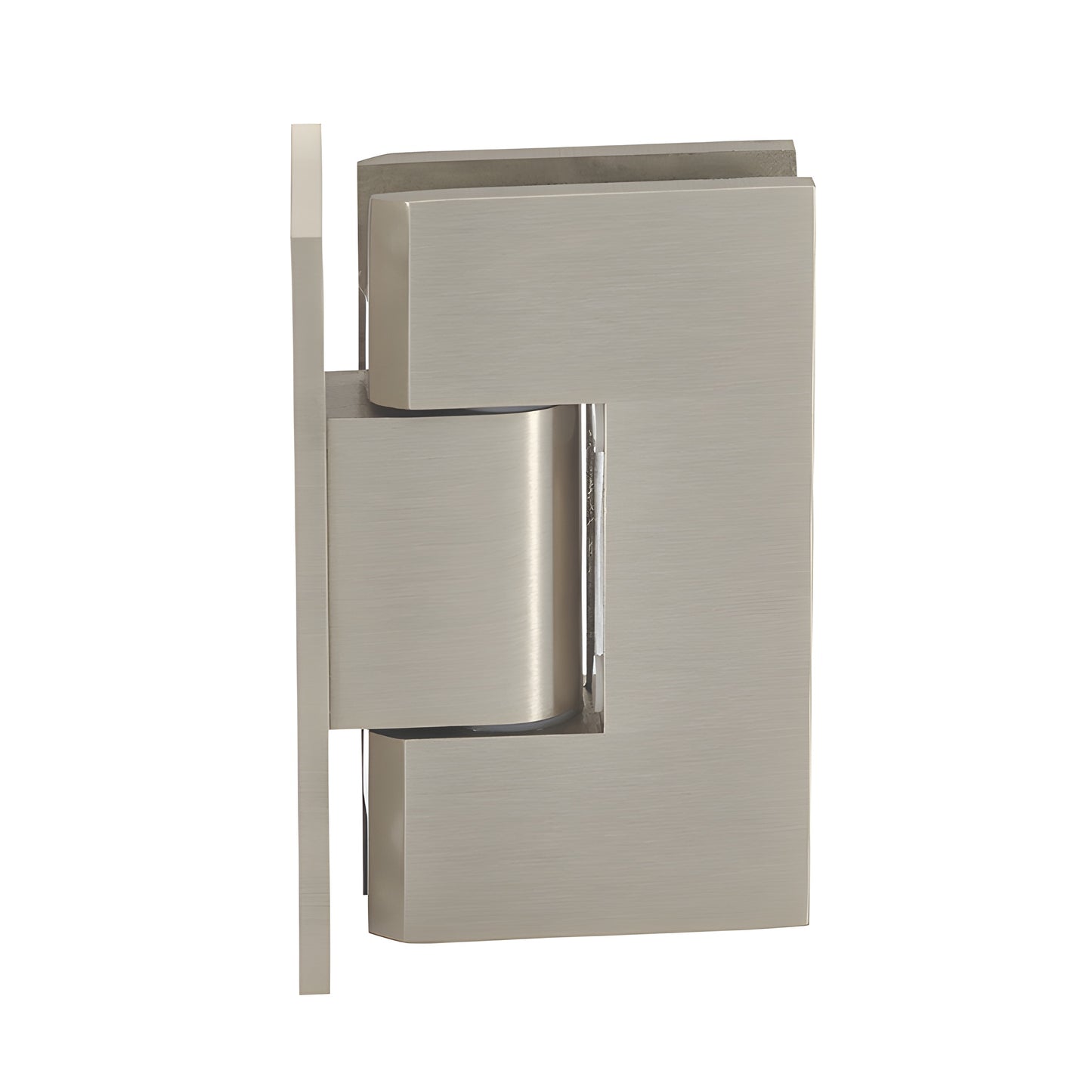 Brushed nickel Vienna solid brass shower door hinge for 3/8-1/2 in. glass, wall mount full back plate (SKU V1E037BN)